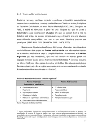 2.1.3    TEORIA DA MOTIVAÇÃO-HIGIENE


Frederick Herzberg, psicólogo, consultor e professor universitário estadunidense,
desenvolveu uma teoria de conteúdo, conhecida como Teoria da Motivação-Higiene,
ou Teoria dos Dois Fatores, ou ainda Teoria Bifatorial (BUENO, 2002). Divulgada em
1969, a teoria foi formulada a partir de uma pesquisa na qual se pedia a
trabalhadores para descreverem situações em que se sentiam bem e mal no
trabalho. Até então, os teóricos consideravam que o trabalho era uma atividade
essencialmente desagradável, mas com a sua teoria, Herzberg quebrou este
paradigma. (MAITLAND, 2000; SALGADO, 2005; LISBOA,2005)

        Basicamente, Herzberg classificou os fatores que influenciam na motivação de
um indivíduo em dois grupos: os fatores motivacionais, que são aqueles capazes
de aumentar a motivação e dirigir o comportamento de um indivíduo; e os fatores
higiênicos (ou não-satisfatórios), que não são capazes de motivar, porém são
capazes de repelir a ação se não forem devidamente tratados. A presença exclusiva
de fatores higiênicos não é capaz de motivar o indivíduo. Já a atuação exclusiva de
fatores motivacionais não se reflete necessariamente num comportamento motivado.
Estes fatores estão exemplificados no Quadro 3.



Quadro 3 - Fatores motivacionais e fatores higiênicos13

               Fatores Higiênicos                                  Fatores Motivacionais
          (Prevenção da Insatisfação)
         Condições de trabalho                            O trabalho em si
         Pagamento                                        Responsabilidade
         Segurança no trabalho                            Senso de realização
         Relações no trabalho                             Reconhecimento
         Práticas de supervisão e administração           Perspectivas de evolução
         Política e administração da empresa
Fonte: Adaptado de Maitland (2000)




13
   Alguns pesquisadores sugerem uma correspondência entre os fatores higiênicos da Teoria de Herzberg e as
necessidades de carência, da Teoria de Maslow, bem como entre os fatores motivacionais de Herzberg e as
necessidades de crescimento de Maslow. Nenhuma das referências consultadas comprova esta correspondência.
Herzberg também não sugere interdependência nem hierarquia entre os fatores higiênicos e motivacionais
identificados.
                                                                                                      27
 