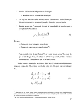 Primeiro é estabelecida a hipótese de correlação:

                o Hipótese nula: A e B não têm correlação.

           Em seguida, são calculadas as frequências considerando uma combinação
           dois a dois dos valores possíveis (classe), e dispostas em uma tabela.

                                            2
           Calcular o valor do                   dado pela fórmula da equação (9), já considerando a
           correção de Fisher, abaixo:

                                                                            2
                                                 2     o      e       0,5                                   (9)
                                                                  e

Em que:
           o = frequência observada para cada classe;
           e = frequência esperada para aquela classe42.



           Para um dado nível de significância43, se o valor obtido para                      2
                                                                                                  for maior do
                                     2,
           que o valor do        c        dado pela tabela de referência (Anexo I), então a hipótese
           nula é rejeitada, concluindo-se que a correlação existe.

         Sendo assim, a Relevância (Wx) de um dado fator (Fx) é calculada formalmente
segundo a equação (10), onde a correlação entre dois fatores é representada por
wx,y.

                                          2           2
                                          x, y        c           wx, y         1
                                          2           2
                                          x, y        c           wx, y         0                        (10)

                                                 20
                                     Wx               w x,i
                                                  1


42
   Para casos em que não se dispõe de uma teoria para nortear a freqüência esperada para uma determinada
classe, como nesta pesquisa, este número pode ser calculado através da multiplicação do total da linha pelo total
da coluna e dividindo o resultado pelo total geral.
43
     O Nível de Significância representa a máxima probabilidade de erro do cálculo.
                                                                                                             57
 