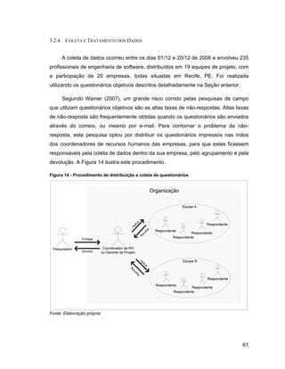 3.2.4    COLETA E TRATAMENTO DOS DADOS


        A coleta de dados ocorreu entre os dias 01/12 e 20/12 de 2008 e envolveu 235
profissionais de engenharia de software, distribuídos em 19 equipes de projeto, com
a participação de 20 empresas, todas situadas em Recife, PE. Foi realizada
utilizando os questionários objetivos descritos detalhadamente na Seção anterior.

        Segundo Wainer (2007), um grande risco corrido pelas pesquisas de campo
que utilizam questionários objetivos são as altas taxas de não-respostas. Altas taxas
de não-resposta são frequentemente obtidas quando os questionários são enviados
através do correio, ou mesmo por e-mail. Para contornar o problema da não-
resposta, esta pesquisa optou por distribuir os questionários impressos nas mãos
dos coordenadores de recursos humanos das empresas, para que estes ficassem
responsáveis pela coleta de dados dentro da sua empresa, pelo agrupamento e pela
devolução. A Figura 14 ilustra este procedimento.

Figura 14 - Procedimento de distribuição e coleta de questionários




Fonte: Elaboração própria




                                                                                    61
 