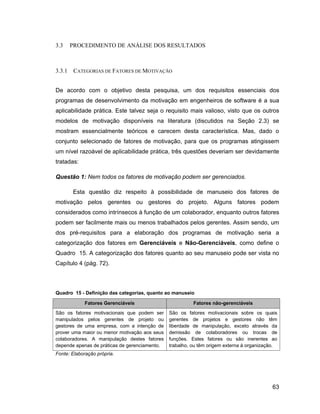 3.3     PROCEDIMENTO DE ANÁLISE DOS RESULTADOS



3.3.1   CATEGORIAS DE FATORES DE MOTIVAÇÃO


De acordo com o objetivo desta pesquisa, um dos requisitos essenciais dos
programas de desenvolvimento da motivação em engenheiros de software é a sua
aplicabilidade prática. Este talvez seja o requisito mais valioso, visto que os outros
modelos de motivação disponíveis na literatura (discutidos na Seção 2.3) se
mostram essencialmente teóricos e carecem desta característica. Mas, dado o
conjunto selecionado de fatores de motivação, para que os programas atingissem
um nível razoável de aplicabilidade prática, três questões deveriam ser devidamente
tratadas:

Questão 1: Nem todos os fatores de motivação podem ser gerenciados.

        Esta questão diz respeito à possibilidade de manuseio dos fatores de
motivação pelos gerentes ou gestores do projeto. Alguns fatores podem
considerados como intrínsecos à função de um colaborador, enquanto outros fatores
podem ser facilmente mais ou menos trabalhados pelos gerentes. Assim sendo, um
dos pré-requisitos para a elaboração dos programas de motivação seria a
categorização dos fatores em Gerenciáveis e Não-Gerenciáveis, como define o
Quadro 15. A categorização dos fatores quanto ao seu manuseio pode ser vista no
Capítulo 4 (pág. 72).



Quadro 15 - Definição das categorias, quanto ao manuseio

            Fatores Gerenciáveis                         Fatores não-gerenciáveis
São os fatores motivacionais que podem ser     São os fatores motivacionais sobre os quais
manipulados pelos gerentes de projeto ou       gerentes de projetos e gestores não têm
gestores de uma empresa, com a intenção de     liberdade de manipulação, exceto através da
prover uma maior ou menor motivação aos seus   demissão de colaboradores ou trocas de
colaboradores. A manipulação destes fatores    funções. Estes fatores ou são inerentes ao
depende apenas de práticas de gerenciamento.   trabalho, ou têm origem externa à organização.
Fonte: Elaboração própria.




                                                                                           63
 