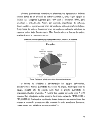 Devido à quantidade de nomenclaturas existentes para representar as mesmas
funções dentro de um processo de software (Gráfico 2), optou-se por agrupar as
funções nas categorias sugeridas pelo RUP (Kroll e Kruntchen, 2003), para
simplificar o entendimento. Assim, por exemplo, engenheiros de software,
desenvolvedores, programadores foram agrupados na categoria implementadores.
Engenheiros de testes e testadores foram agrupados na categoria testadores. A
categoria outros inclui funções como DBA, Coordenadores e líderes de projeto,
analista de suporte, pesquisadores, etc.

         Gráfico 2 - Distribuição da população por função no processo de software




                Fonte: Elaboração própria, com dados da pesquisa de campo.


     O Quadro 19 apresenta a caracterização das equipes participantes,
considerando os fatores: quantidade de pessoas no projeto, distribuição física da
equipe, duração total do projeto, custo total do projeto, quantidade de
empresas/instituições envolvidas. A maioria das equipes apresenta entre 7 e 20
pessoas. Com relação aos custos, a maioria dos projetos varia entre R$150.000,00 e
R$1.000.000,00. Analisando a combinação duas a duas entre as características das
equipes, a população se mostra sortida, expressando assim a qualidade dos dados,
proporcionada pelo método de amostragem aleatório.




                                                                                    70
 