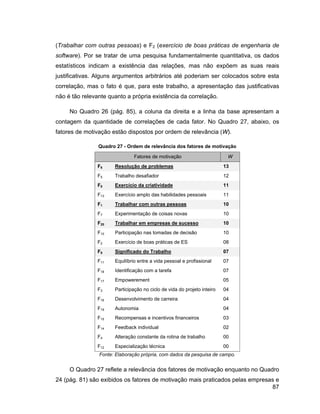 (Trabalhar com outras pessoas) e F2 (exercício de boas práticas de engenharia de
software). Por se tratar de uma pesquisa fundamentalmente quantitativa, os dados
estatísticos indicam a existência das relações, mas não expõem as suas reais
justificativas. Alguns argumentos arbitrários até poderiam ser colocados sobre esta
correlação, mas o fato é que, para este trabalho, a apresentação das justificativas
não é tão relevante quanto a própria existência da correlação.

     No Quadro 26 (pág. 85), a coluna da direita e a linha da base apresentam a
contagem da quantidade de correlações de cada fator. No Quadro 27, abaixo, os
fatores de motivação estão dispostos por ordem de relevância (W).

                Quadro 27 - Ordem de relevância dos fatores de motivação

                               Fatores de motivação                       W
                F6    Resolução de problemas                             13
                F5    Trabalho desafiador                                12
                F8    Exercício da criatividade                          11
                F13   Exercício amplo das habilidades pessoais           11
                F1    Trabalhar com outras pessoas                       10
                F7    Experimentação de coisas novas                     10
                F20   Trabalhar em empresas de sucesso                   10
                F10   Participação nas tomadas de decisão                10
                F2    Exercício de boas práticas de ES                   08
                F9    Significado do Trabalho                            07
                F11   Equilíbrio entre a vida pessoal e profissional     07
                F18   Identificação com a tarefa                         07
                F17   Empowerement                                       05
                F3    Participação no ciclo de vida do projeto inteiro   04
                F16   Desenvolvimento de carreira                        04
                F19   Autonomia                                          04
                F15   Recompensas e incentivos financeiros               03
                F14   Feedback individual                                02
                F4    Alteração constante da rotina de trabalho          00
                F12   Especialização técnica                             00
                Fonte: Elaboração própria, com dados da pesquisa de campo.


     O Quadro 27 reflete a relevância dos fatores de motivação enquanto no Quadro
24 (pág. 81) são exibidos os fatores de motivação mais praticados pelas empresas e
                                                                               87
 