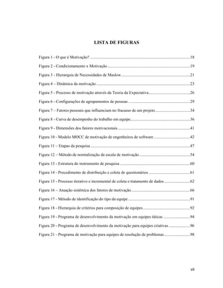 LISTA DE FIGURAS


Figura 1 - O que é Motivação? .................................................................................................18

Figura 2 - Condicionamento x Motivação ................................................................................19

Figura 3 - Hierarquia de Necessidades de Maslow ...................................................................21

Figura 4 Dinâmica da motivação ...........................................................................................23

Figura 5 - Processo de motivação através da Teoria da Expectativa ........................................26

Figura 6 - Configurações de agrupamentos de pessoas ............................................................29

Figura 7 Fatores pessoais que influenciam no fracasso de um projeto ..................................34

Figura 8 - Curva de desempenho do trabalho em equipe..........................................................36

Figura 9 - Dimensões dos fatores motivacionais ......................................................................41

Figura 10 - Modelo MOCC de motivação de engenheiros de software ...................................42

Figura 11       Etapas da pesquisa .................................................................................................47

Figura 12       Método de normalização da escala de motivação .................................................54

Figura 13 - Estrutura do instrumento de pesquisa ....................................................................60

Figura 14 - Procedimento de distribuição e coleta de questionários ........................................61

Figura 15 - Processo iterativo e incremental de coleta e tratamento de dados .........................62

Figura 16       Atuação sistêmica dos fatores de motivação .........................................................66

Figura 17 - Método de identificação do tipo da equipe ............................................................91

Figura 18 - Hierarquia de critérios para composição de equipes ..............................................92

Figura 19 - Programa de desenvolvimento da motivação em equipes táticas ..........................94

Figura 20 - Programa de desenvolvimento da motivação para equipes criativas .....................96

Figura 21 - Programa de motivação para equipes de resolução de problemas .........................98




                                                                                                                                  vii
 