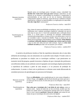 93
Momento inicial da
experiência
Quando penso em tecnologia penso: inovação, avanço, velocidade! As
dúvidas são: Como usar? para que usar? planejar, especificar, ou seja
oferecer ao ser humano a possibilidade de reconhecer e compreender as
particularidades, já que cada um de nós já trazemos determinados
conhecimentos quanto ao manuseio. Agora deverá ser: estabelecer relações
significativas, conhecer as especificidades e as implicações de cada mídia.
Isso não é algo fácil. Assim penso!
Professora Francisca Andrea – maio/2013
Transformações na
experiência
Hoje, diante de tantas possibilidades tecnológicas, não é mais concebível a
indiferença com o aparato tecnológico disponível, sobretudo em sala de
aula uma vez que esse é o local mais apropriado para a utilização desses
meios. É a escola quem se encarrega de transmitir conhecimentos
sistematizados preparando as crianças, jovens e até adultos para o convívio
em sociedade e para o mercado de trabalho. Negar ou privar-se do uso
dessas novas tecnologias e desconsiderar a nossa realidade. Estou disposta
a continuar utilizando algumas tecnologias que existem aqui na escola
e que eu antes não sabia nem por onde começar. Agora eu estou mais
confiante em mim para lidar com um projetor, por exemplo.
Professora Francisca Andrea – outubro/2013
A narrativa da professora trazida ao final da experiência demonstra não só uma ideia
utilitarista da tecnologia, mas um entusiasmo em se perceber nesta relação. O modo como os
professores se percebem na relação com as tecnologias confirma o que pensávamos no
momento inicial da pesquisa, quando trouxemos a hipótese de que a interação dos professores
com diferentes mídias em um ambiente sensível equipado com tecnologias digitais potencializa
a experiência do conhecer a partir de uma atenção a si no processo de produção do
conhecimento. A escuta e o fazer com os professores se colocam como modo diferenciado de
considerar processos de aprendizagem em percursos de formação;
Momento inicial da
experiência
Penso em dificuldades, coisa complicada que às vezes somos obrigados a
utilizar. Chega a dar agonia, todo dia ficam dizendo que temos que usar o
as coisas que têm na escola. Eu não acho que eu sou obrigada a fazer o que
eu não sei.
Professora Meire Susy – maio/2013
Transformações na
experiência
Hoje acho que a tecnologia não é um bicho de sete cabeça, como eu
pensava antes. Apesar de ainda não ser tão envolvida, acredito que elas
podem nos ajudar muito se conseguirmos interagir bem com as mesmas,
mas às vezes é preciso paciência e força de vontade, pois somos de um
tempo em que as tecnologias não eram assim, tão digitais.
Professora Meire Susy – outubro/2013
 