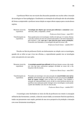 94
A professora Meire traz um recorte das discussões pautadas nas escolas sobre a inserção
de tecnologias no fazer pedagógico. Geralmente as orientações de utilização não são articuladas
de forma a compreender o professor nessa relação ou sequer abrem espaços para a escuta desses
sujeitos.
Momento inicial da
experiência
Tecnologia são objetos que servem para informar e comunicar como
televisão, rádio, computador, celular.
Professora Gizele Gomes – maio/2013
Transformações na
experiência
Hoje quando penso em tecnologias, lembro de tudo que vivi nestas oficinas
e que não é apenas um meio de comunicação prático e de muita importância
para facilitar a vida, mas que é uma parceria para nossas produções.
Concordo com Simondon, as tecnologias são parte da nossa vida.
Professora Gizele Gomes – outubro/2013
Percebo na fala da professora Gizele um deslocamento na relação com as tecnologias,
quando ela se refere ao que viveu nas oficinas, e, especialmente quando traz as tecnologias
como uma parceira em suas ações.
Momento inicial da
experiência
A tecnologia quando bem utilizada facilita por demais a nossa vida, tendo
em vista que para realizarmos qualquer atividade no nosso dia a dia
lançamos mão da mesma.
Professora Maria Graça – maio/2013
Transformações na
experiência
Pensando em tecnologia vem uma sensação de conectividade com outras
pessoas, de ferramentas que estão disponíveis para que possamos produzir
mais no espaço virtual, como no blog, por exemplo. Vem também a
sensação de responsabilidade social, de que eu como professor preciso me
qualificar mais ainda para poder interagir com as tecnologias e assim poder
a partir daí trabalhar com elas em sala de aula.
Professora Maria Graça – outubro/2013
A tecnologia como facilitadora no início da fala da professora nos remete à concepção
utilitarista das ferramentas; contudo, a ideia de conectividade, no momento final da experiência,
traduz um pensamento mais amplo, partindo de uma nova perspectiva de produção e interação
com essas ferramentas tecnológicas.
 