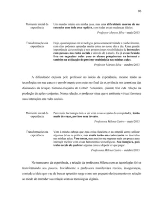 95
Momento inicial da
experiência
Um mundo inteiro em minha casa, mas uma dificuldade enorme de me
entender com toda essa rapidez, com todas essas mudanças diárias.
Professor Marcos Silva – maio/2013
Transformações na
experiência
Hoje, quando penso em tecnologia, penso em modernidade e conhecimento,
com elas podemos aprender muita coisa no nosso dia a dia. Uma grande
importância da tecnologia é nos proporcionar possibilidades de interações
com pessoas nas redes sociais e através de e-mails. Eu já estou ficando
fera em organizar aulas para os alunos pesquisarem na internet e
também na utilização do projetor multimídia nas minhas aulas.
Professor Marcos Silva – outubro/2013
A dificuldade exposta pelo professor no início da experiência, mesmo tendo as
tecnologias em sua casa e o envolvimento com estas no final da experiência nos aproxima das
discussões da relação humano-máquina de Gilbert Simondon, quando traz esta relação na
produção de ações conjuntas. Nessa relação, o professor situa que o ambiente virtual favorece
suas interações em redes sociais.
Momento inicial da
experiência
Para mim, tecnologia tem a ver com o uso correto do computador, tenho
medo de errar, por isso nem invento.
Professora Milena Castro – maio/2013
Transformações na
experiência
Vem à minha cabeça que essa coisa funciona e eu entendi como utilizar
algumas delas na prática, mas ainda tenho um certo receio em inseri-las
nas minhas aulas. Vou tentar, mas preciso me preparar mais um pouco para
interagir melhor com essas ferramentas tecnológicas. Sou insegura, pois
tenho receio de quebrar alguma coisa e depois ter que pagar.
Professora Milena Castro – outubro/2013
No transcurso da experiência, a relação da professora Milena com as tecnologias foi se
transformando aos poucos. Inicialmente a professora manifestava receios, inseguranças,
contudo a ideia que traz de buscar aprender surge como um pequeno deslocamento em relação
ao modo de entender sua relação com as tecnologias digitais.
 