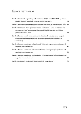 XVII
ÍNDICE DE TABELAS
Tabela 1. Analisando as publicações da conferência NIME entre 2006 e 2012, a partir de
estudos similares (Barbosa et al., 2012; Stowell et al., 2009) 34
Tabela 2. Recorte do framework conceitual para avaliação de DMIs (O’Modhrain, 2011) 40
Tabela 3. Análise das abordagens apresentadas na literatura a partir das métricas que
norteiam um “bom” método de avaliação de DMIs (abrangência, efetividade,
praticidade e baixo custo) 44
Tabela 4. Resumo de métodos encontrados na literatura de acordo com sua categoria
(coleta, tratamento ou apresentação de dados) e abordagem (quantitativa ou
qualitativa) 45
Tabela 5. Resumo dos métodos utilizados no 1º ciclo, de seus principais problemas e de
sugestões para contorná-los 61
Tabela 6. Resumo dos métodos utilizados no 2º ciclo, de seus principais problemas e de
sugestões para contorná-los 70
Tabela 7. Resumo dos métodos utilizados no 3º ciclo, de seus principais problemas e de
sugestões para contorná-los 85
Tabela 8. Framework de avaliação de experiência de uso proposto 96
 