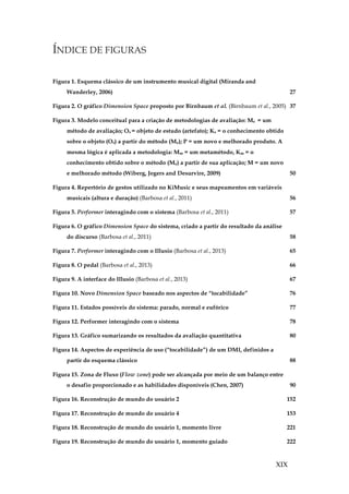 XIX
ÍNDICE DE FIGURAS
Figura 1. Esquema clássico de um instrumento musical digital (Miranda and
Wanderley, 2006) 27
Figura 2. O gráfico Dimension Space proposto por Birnbaum et al. (Birnbaum et al., 2005) 37
Figura 3. Modelo conceitual para a criação de metodologias de avaliação: Me = um
método de avaliação; Os = objeto de estudo (artefato); Ks = o conhecimento obtido
sobre o objeto (Os) a partir do método (Me); P = um novo e melhorado produto. A
mesma lógica é aplicada a metodologia: Mm = um metamétodo, Km = o
conhecimento obtido sobre o método (Me) a partir de sua aplicação; M = um novo
e melhorado método (Wiberg, Jegers and Desurvire, 2009) 50
Figura 4. Repertório de gestos utilizado no KiMusic e seus mapeamentos em variáveis
musicais (altura e duração) (Barbosa et al., 2011) 56
Figura 5. Performer interagindo com o sistema (Barbosa et al., 2011) 57
Figura 6. O gráfico Dimension Space do sistema, criado a partir do resultado da análise
do discurso (Barbosa et al., 2011) 58
Figura 7. Performer interagindo com o Illusio (Barbosa et al., 2013) 65
Figura 8. O pedal (Barbosa et al., 2013) 66
Figura 9. A interface do Illusio (Barbosa et al., 2013) 67
Figura 10. Novo Dimension Space baseado nos aspectos de “tocabilidade” 76
Figura 11. Estados possíveis do sistema: parado, normal e eufórico 77
Figura 12. Performer interagindo com o sistema 78
Figura 13. Gráfico sumarizando os resultados da avaliação quantitativa 80
Figura 14. Aspectos de experiência de uso (“tocabilidade”) de um DMI, definidos a
partir do esquema clássico 88
Figura 15. Zona de Fluxo (Flow zone) pode ser alcançada por meio de um balanço entre
o desafio proporcionado e as habilidades disponíveis (Chen, 2007) 90
Figura 16. Reconstrução de mundo do usuário 2 152
Figura 17. Reconstrução de mundo do usuário 4 153
Figura 18. Reconstrução de mundo do usuário 1, momento livre 221
Figura 19. Reconstrução de mundo do usuário 1, momento guiado 222
 