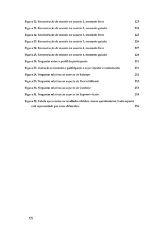 XX
Figura 20. Reconstrução de mundo do usuário 2, momento livre 223
Figura 21. Reconstrução de mundo do usuário 2, momento guiado 224
Figura 22. Reconstrução de mundo do usuário 3, momento livre 225
Figura 23. Reconstrução de mundo do usuário 3, momento guiado 226
Figura 24. Reconstrução de mundo do usuário 4, momento livre 227
Figura 25. Reconstrução de mundo do usuário 4, momento guiado 228
Figura 26. Perguntas sobre o perfil do participante 251
Figura 27. Instrução orientando o participante a experimentar o instrumento 251
Figura 28. Perguntas relativas ao aspecto de Balanço 252
Figura 29. Perguntas relativas ao aspecto de Previsibilidade 252
Figura 30. Perguntas relativas ao aspecto de Controle 253
Figura 31. Perguntas relativas ao aspecto de Expressividade 253
Figura 32. Tabela que resume os resultados obtidos com os questionários. Cada aspecto
está representado por cores diferentes. 256
 