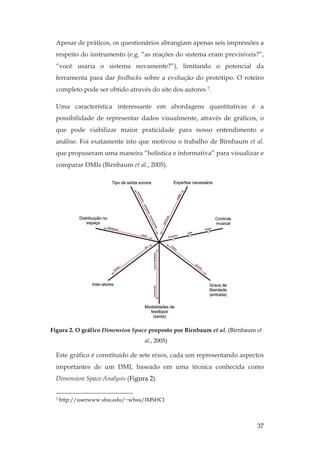 37
Apesar de práticos, os questionários abrangiam apenas seis impressões a
respeito do instrumento (e.g. “as reações do sistema eram previsíveis?”,
“você usaria o sistema novamente?”), limitando o potencial da
ferramenta para dar feedbacks sobre a evolução do protótipo. O roteiro
completo pode ser obtido através do site dos autores 7.
Uma característica interessante em abordagens quantitativas é a
possibilidade de representar dados visualmente, através de gráficos, o
que pode viabilizar maior praticidade para nosso entendimento e
análise. Foi exatamente isto que motivou o trabalho de Birnbaum et al.
que propuseram uma maneira “holística e informativa” para visualizar e
comparar DMIs (Birnbaum et al., 2005).
Figura 2. O gráfico Dimension Space proposto por Birnbaum et al. (Birnbaum et
al., 2005)
Este gráfico é constituído de sete eixos, cada um representando aspectos
importantes de um DMI, baseado em uma técnica conhecida como
Dimension Space Analysis (Figura 2).
7 http://userwww.sfsu.edu/~whsu/IMSHCI
 