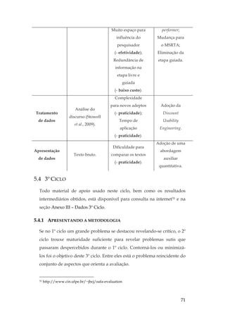 71
Muito espaço para
influência do
pesquisador
(- efetividade);
Redundância de
informação na
etapa livre e
guiada
(- baixo custo).
performer;
Mudança para
o MSRTA;
Eliminação da
etapa guiada.
Tratamento
de dados
Análise do
discurso (Stowell
et al., 2009).
Complexidade
para novos adeptos
(- praticidade);
Tempo de
aplicação
(- praticidade).
Adoção da
Discount
Usability
Engineering.
Apresentação
de dados
Texto bruto.
Dificuldade para
comparar os textos
(- praticidade).
Adoção de uma
abordagem
auxiliar
quantitativa.
5.4 3º CICLO
Todo material de apoio usado neste ciclo, bem como os resultados
intermediários obtidos, está disponível para consulta na internet31 e na
seção Anexo III – Dados 3º Ciclo.
5.4.1 APRESENTANDO A METODOLOGIA
Se no 1º ciclo um grande problema se destacou revelando-se crítico, o 2º
ciclo trouxe maturidade suficiente para revelar problemas sutis que
passaram despercebidos durante o 1º ciclo. Contorná-los ou minimizá-
los foi o objetivo deste 3º ciclo. Entre eles está o problema reincidente do
conjunto de aspectos que orienta a avaliação.
31 http://www.cin.ufpe.br/~jbcj/oafa-evaluation
 