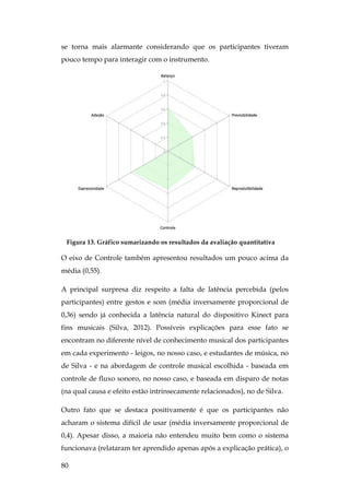 80
se torna mais alarmante considerando que os participantes tiveram
pouco tempo para interagir com o instrumento.
Figura 13. Gráfico sumarizando os resultados da avaliação quantitativa
O eixo de Controle também apresentou resultados um pouco acima da
média (0,55).
A principal surpresa diz respeito a falta de latência percebida (pelos
participantes) entre gestos e som (média inversamente proporcional de
0,36) sendo já conhecida a latência natural do dispositivo Kinect para
fins musicais (Silva, 2012). Possíveis explicações para esse fato se
encontram no diferente nível de conhecimento musical dos participantes
em cada experimento - leigos, no nosso caso, e estudantes de música, no
de Silva - e na abordagem de controle musical escolhida - baseada em
controle de fluxo sonoro, no nosso caso, e baseada em disparo de notas
(na qual causa e efeito estão intrinsecamente relacionados), no de Silva.
Outro fato que se destaca positivamente é que os participantes não
acharam o sistema difícil de usar (média inversamente proporcional de
0,4). Apesar disso, a maioria não entendeu muito bem como o sistema
funcionava (relataram ter aprendido apenas após a explicação prática), o
 