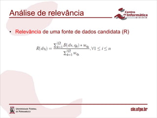 Análise de relevância

• Relevância de uma fonte de dados candidata (R)
 