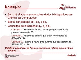 Exemplo
• Sist. Int. Pay-as-you-go sobre dados bibliográficos em
  Ciência da Computação
• Bases candidatas: ds1, ds2 e ds3
• Consultas de integração: q1, q2 e q3
   – Consulta 1. Retorne os títulos dos artigos publicados em
     journals no ano de 2011.
   – Consulta 2. Retorne os artigos que citam referências ao
     SIGMOD 2011.
   – Consulta 3. Retorne o nome dos autores que publicaram no I-
     SEMANTICS 2011.
Objetivo: classificar as fontes segundo os valores de relevância
  obtidos
 