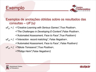 Exemplo

Exemplos de anotações obtidas sobre os resultados das
  consultas – UF’(u)
uf′q1 = { <“Creative Learning with Serious Games”,True Positive>,
         <“The Challenges in Developing E-Content”,False Positive>,
         <“Automated Assessment, Face to Face”,True Positive>}
uf′q2 = { <“Interaction record matching”, False Negative>,
         <“Automated Assessment, Face to Face”, False Positive>}
uf′q3 = { <"Nikola Tomasevic",True Positive>,
         <"Philipp Heim",False Negative>}
 