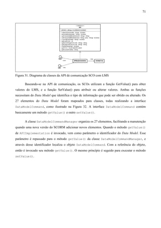 71




Figura 31. Diagrama de classes da API de comunicação SCO com LMS

       Baseando-se na API de comunicação, os SCOs utilizam a função GetValue() para obter
valores do LMS, e a função SetValue() para atribuir ou alterar valores. Ambas as funções
necessitam do Data Model que identifica o tipo de informação que pode ser obtido ou alterado. Os
27 elementos do Data Model foram mapeados para classes, todas realizando a interface
DataModelCommand, como ilustrado na Figura 32. A interface DataModelCommand contém
basicamente um método getValue() e outro setValue().

       A classe DataModelCommandManager organiza os 27 elementos, facilitando a manutenção
quando uma nova versão do SCORM adicionar novos elementos. Quando o método getValue()
de APIImplementation é invocado, vem como parâmetro o identificador do Data Model. Esse
parâmetro é repassado para o método getValue() da classe DataModelCommandManager, e
através desse identificador localiza o objeto DataModelCommand. Com a referência do objeto,
então é invocado seu método getValue(). O mesmo princípio é seguido para executar o método
setValue().
 