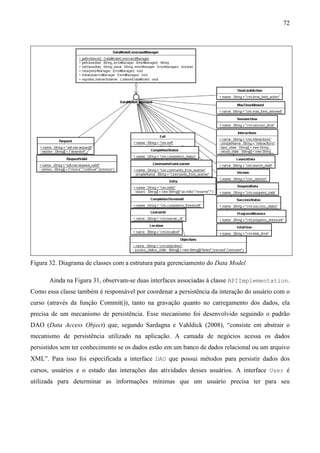72




Figura 32. Diagrama de classes com a estrutura para gerenciamento do Data Model

       Ainda na Figura 31, observam-se duas interfaces associadas à classe APIImplementation.
Como essa classe também é responsável por coordenar a persistência da interação do usuário com o
curso (através da função Commit()), tanto na gravação quanto no carregamento dos dados, ela
precisa de um mecanismo de persistência. Esse mecanismo foi desenvolvido seguindo o padrão
DAO (Data Access Object) que, segundo Sardagna e Vahldick (2008), “consiste em abstrair o
mecanismo de persistência utilizado na aplicação. A camada de negócios acessa os dados
persistidos sem ter conhecimento se os dados estão em um banco de dados relacional ou um arquivo
XML”. Para isso foi especificada a interface DAO que possui métodos para persistir dados dos
cursos, usuários e o estado das interações das atividades desses usuários. A interface User é
utilizada para determinar as informações mínimas que um usuário precisa ter para seu
 
