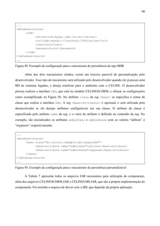 90



...
<database-source>
      <rdb>
            <driver>com.mysql.jdbc.Driver</driver>
            <url>jdbc:mysql://localhost:3306/celine</url>
            <user>root</user>
            <password>root</password>
      </rdb>
</database-source>
...

Figura 49. Exemplo de configuração para o mecanismo de persistência do tipo BDR

       Além dos dois mecanismos citados, existe um terceiro passível de personalização pelo
desenvolvedor. Esse tipo de mecanismo será utilizado pelo desenvolvedor quando ele já possui uma
BD de sistemas legados, e deseja reutilizar para o ambiente com o CELINE. O desenvolvedor
precisa realizar a interface DAO, que está no módulo CELINESCORM, e efetuar as configurações
como exemplificado na Figura 50. No atributo class da tag <bean> se especifica o nome da
classe que realiza a interface DAO. A tag <bean-attribute> é opcional, e será utilizada pelo
desenvolvedor se ele desejar atributos configuráveis em sua classe. O atributo da classe é
especificado pelo atributo name da tag, e o valor do atributo é definido no conteúdo da tag. No
exemplo, são inicializados os atributos adminUser e adminPassw com os valores “adilson” e
“mypassw” respectivamente.

...
<database-source>
      <bean class="br.univali.example.dao.LegacyDAO">
            <bean-attribute name="adminUser">adilson</bean-attribute>
            <bean-attribute name="adminPassw">mypassw</bean-attribute>
      </bean>
</database-source>
...

Figura 50. Exemplo de configuração para o mecanismo de persistência personalizável

       A Tabela 7 apresenta todos os arquivos JAR necessários para utilização do componente,
além dos arquivos CELINESCORM.JAR e CELINELMS.JAR, que são a própria implementação do
componente. Foi omitido o arquivo de driver com o BD, que depende da própria aplicação.
 