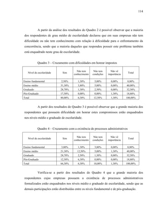 114

A partir da análise dos resultados do Quadro 2 é possível observar que a maioria
dos respondentes de grau médio de escolaridade declarou que em suas empresas não tem
dificuldade ou não tem conhecimento com relação à dificuldade para o enfrentamento da
concorrência, sendo que a maioria daqueles que respondeu possuir este problema também
está enquadrado neste grau de escolaridade.
Quadro 3 – Cruzamento com dificuldades em honrar impostos
Sim

Não tem
conhecimento

Não tem
condições

Não vê
importância

Total

Ensino fundamental

2,50%

1,30%

5,00%

0,00%

8,80%

Ensino médio

31,30%

3,80%

5,00%

0,00%

40,00%

Graduado

28,70%

1,30%

2,50%

0,00%

32,50%

Pós-Graduado

17,50%

0,00%

0,00%

1,30%

18,80%

Total

80,00%

6,30%

12,50%

1,30%

100,00%

Nível de escolaridade

A partir dos resultados do Quadro 3 é possível observar que a grande maioria dos
respondentes que possuem dificuldade em honrar estes compromissos estão enquadrados
nos níveis médio e graduado de escolaridade.
Quadro 4 – Cruzamento com a existência de processos administrativos
Sim

Não tem
conhecimento

Não tem
condições

Não vê
importância

Total

Ensino fundamental

3,80%

1,30%

3,80%

0,00%

8,80%

Ensino médio

21,30%

12,50%

5,00%

1,30%

40,00%

Graduado

28,70%

2,50%

1,30%

0,00%

32,50%

Pós-Graduado

12,50%

6,30%

0,00%

0,00%

18,80%

Total

66,30%

6,30%

10,00%

1,30%

100,00%

Nível de escolaridade

Verifica-se a partir dos resultados do Quadro 4 que a grande maioria dos
respondentes cujas empresas possuem a existência de processos administrativos
formalizados estão enquadrados nos níveis médio e graduado de escolaridade, sendo que as
demais participações estão distribuídas entre os níveis fundamental e de pós-graduação.

 