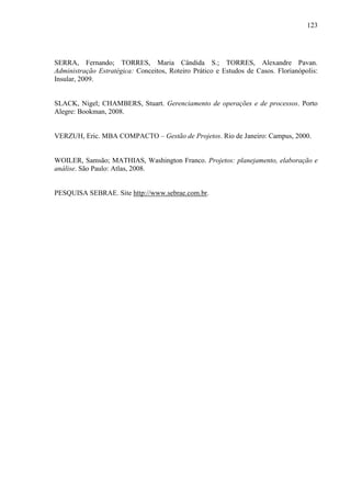 123

SERRA, Fernando; TORRES, Maria Cândida S.; TORRES, Alexandre Pavan.
Administração Estratégica: Conceitos, Roteiro Prático e Estudos de Casos. Florianópolis:
Insular, 2009.

SLACK, Nigel; CHAMBERS, Stuart. Gerenciamento de operações e de processos. Porto
Alegre: Bookman, 2008.
VERZUH, Eric. MBA COMPACTO – Gestão de Projetos. Rio de Janeiro: Campus, 2000.

WOILER, Samsão; MATHIAS, Washington Franco. Projetos: planejamento, elaboração e
análise. São Paulo: Atlas, 2008.

PESQUISA SEBRAE. Site http://www.sebrae.com.br.

 