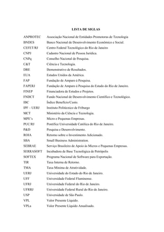 LISTA DE SIGLAS

ANPROTEC     Associação Nacional de Entidades Promotoras de Tecnologia
BNDES        Banco Nacional de Desenvolvimento Econômico e Social.
CEFET/RJ     Centro Federal Tecnológico do Rio de Janeiro
CNPJ         Cadastro Nacional de Pessoa Jurídica.
CNPq         Conselho Nacional de Pesquisa.
C&T          Ciência e Tecnologia.
DRE          Demonstrativo de Resultados.
EUA          Estados Unidos da América.
FAP          Fundação de Amparo à Pesquisa.
FAPERJ       Fundação de Amparo à Pesquisa do Estado do Rio de Janeiro.
FINEP        Financiadora de Estudos e Projetos.
FNDCT        Fundo Nacional de Desenvolvimento Científico e Tecnológico.
IBC          Índice Benefício/Custo.
IPF – UERJ   Instituto Politécnico de Friburgo
MCT          Ministério da Ciência e Tecnologia.
MPE’s        Micro e Pequenas Empresas.
PUC/RJ       Pontífice Universidade Católica do Rio de Janeiro.
P&D          Pesquisa e Desenvolvimento.
ROIA         Retorno sobre o Investimento Adicionado.
SBA          Small Business Administration.
SEBRAE       Serviço Brasileiro de Apoio às Micros e Pequenas Empresas.
SERRASOFT    Incubadora de Base Tecnológica de Petrópolis
SOFTEX       Programa Nacional de Software para Exportação.
TIR          Taxa Interna de Retorno.
TMA          Taxa Mínima de Atratividade.
UERJ         Universidade do Estado do Rio de Janeiro.
UFF          Universidade Federal Fluminense.
UFRJ         Universidade Federal do Rio de Janeiro.
UFRRJ        Universidade Federal Rural do Rio de Janeiro.
USP          Universidade de São Paulo.
VPL          Valor Presente Líquido.
VPLa         Valor Presente Líquido Anualisado.
 