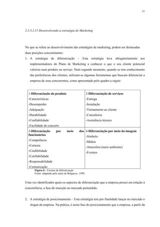51




2.3.3.2.11 Desenvolvendo a estratégia de Marketing




No que se refere ao desenvolvimento das estratégias de marketing, podem ser destacadas
duas posições concomitantes:
1. A estratégia de diferenciação – Esta estratégia leva obrigatoriamente aos
   implementadores do Plano de Marketing a conhecer o que o seu cliente potencial
   valoriza num produto ou serviço. Num segundo momento, quando se tem conhecimento
   das preferências dos clientes, utilizam-se algumas ferramentas que buscam diferenciar a
   empresa de seus concorrentes, como apresentado pelo quadro a seguir:


  1-Diferenciação do produto                           2-Diferenciação de serviços
  -Características                                     -Entrega
  -Desempenho                                          -Instalação
  -Adequação                                           -Treinamento ao cliente
  -Durabilidade                                        -Consultoria
  -Confiabilidade                                      -Assistência técnica
  -Facilidade de concerto
  3-Diferenciação         por      meio       dos 4-Diferenciação por meio da imagem
  funcionários                                         -Símbolo
  -Competência                                         -Mídias
  -Cortesia                                            -Atmosfera (meio ambiente)
  -Credibilidade                                       -Eventos
  -Confiabilidade
  -Responsabilidade
  -Comunicação
       Figura 6 – Formas de diferenciação
       Fonte: adaptado pelo autor de Bulgacov, 1999.


Uma vez identificados quais os aspectos de diferenciação que a empresa possui em relação à
concorrência, a fase de inserção no mercado pretendido.


2. A estratégia de posicionamento – Esta estratégia tem por finalidade lançar no mercado o
   slogan da empresa. Na prática, é nesta fase do posicionamento que a empresa, a partir da
 