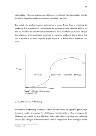 53




maturidade e velhice. As empresas, ou melhor, seus produtos/serviços passam pelas fases de
introdução do produto/serviço, crescimento, maturidade e declínio.


Em virtude dos produtos/serviços encontrarem-se numa dessas fases, a estratégia de
marketing deve adequar-se às características dos produtos/serviços ofertados. O ciclo de
vida do produto é basicamente um instrumento que busca reconhecer os distintos estágios
dos produtos, e conseqüentemente maximizar o volume de vendas, de acordo com a fase
que o produto se encontra. Segundo Sergio Bulgacov21, a Figura abaixo representa este
ciclo:




     Vendas


                              Introdução              Crescimento Maturidade   Declínio




                                                Tempo
                Figura 7 – Ciclo de vida do produto
                Fonte: Pavani, 1997.




2.3.3.2.13 Composto de Marketing



O Composto de Marketing é conhecido através dos 4Ps (quatro pês): produto, preço, praça
(pontos de venda) e propaganda. As estratégias de marketing estão envoltas no composto de
Marketing para atingir os seus objetivos, através dos meios e métodos que a empresa
utilizará para conseguir melhores resultados sobre os competidores. Essas estratégias podem

21
     Ibidem, p.168.
 