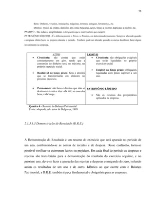 58



           Bens: Dinheiro, veículos, instalações, máquinas, terrenos, estoques, ferramentas, etc.
           Direitos: Títulos de crédito, depósitos em contas bancárias, ações, títulos a receber, duplicatas a receber, etc.
PASSIVO – São todas as exigibilidades e obrigações que a empresa tem que cumprir.
PATRIMÔNIO LÍQUIDO – É a diferença entre o Ativo e o Passivo, em determinado momento. Sempre é alterado quando
a empresa obtém lucro ou prejuízo durante o período. Também pode ser alterado quando os sócios decidirem fazer algum

investimento na empresa.



                             ATIVO                       PASSIVO
       •      Circulante: são contas que estão              • Circulante: são obrigações exigíveis
              constantemente em giro, sendo que a              que serão liquidadas no próprio
              conversão do dinheiro será, no máximo, no        exercício social.
              próprio exercício social.
                                                            • Exigível no longo prazo: obrigações
       •      Realizável no longo prazo: bens e direitos       liquidadas com prazo superior a um
              que se transformarão em dinheiro no              ano.
              próximo exercício.


       •      Permanente: são bens e direitos que não se PATRIMÔNIO LÍQUIDO
              destinam à venda e têm vida útil; no caso dos
              bens, vida longa.                             • São os recursos dos proprietários
                                                               aplicados na empresa.


    Quadro 4 – Resumo do Balanço Patrimonial
    Fonte: adaptado pelo autor de Bulgacov, 1999




2.3.3.3.3 Demonstração de Resultado (D.R.E.)




A Demonstração do Resultado é um resumo do exercício que será apurado no período de
um ano, confrontando-se as contas de receitas e de despesa. Desse confronto, torna-se
possível verificar se ocorreram lucros ou prejuízos. Em cada final de período as despesas e
receitas são transferidas para a demonstração do resultado do exercício seguinte, e no
próximo ano, deve-se fazer a apuração das receitas e despesas começando do zero, isolando
assim os resultados de um ano e de outro. Idêntico ao que ocorre com o Balanço
Patrimonial, a D.R.E. também é peça fundamental e obrigatória para as empresas.
 