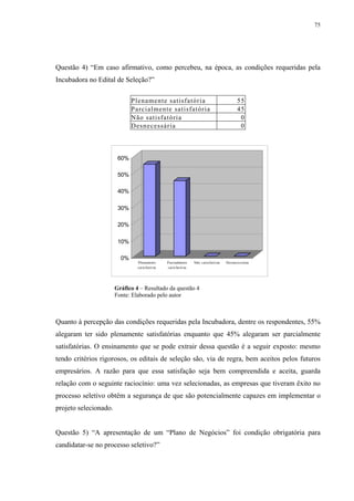 75




Questão 4) “Em caso afirmativo, como percebeu, na época, as condições requeridas pela
Incubadora no Edital de Seleção?”

                              Plenamente satisfatória                                                55
                              Parcialmente satisfatória                                              45
                              Não satisfatória                                                        0
                              Desnecessária                                                           0



                        60%

                        50%

                        40%

                        30%

                        20%

                        10%

                         0%
                                Plenament e         Parcialment e       Não s atis fató ria   Des neces s ária
                                s at is fat ó ria   s at is fat ó ria




                       Gráfico 4 – Resultado da questão 4
                       Fonte: Elaborado pelo autor



Quanto à percepção das condições requeridas pela Incubadora, dentre os respondentes, 55%
alegaram ter sido plenamente satisfatórias enquanto que 45% alegaram ser parcialmente
satisfatórias. O ensinamento que se pode extrair dessa questão é a seguir exposto: mesmo
tendo critérios rigorosos, os editais de seleção são, via de regra, bem aceitos pelos futuros
empresários. A razão para que essa satisfação seja bem compreendida e aceita, guarda
relação com o seguinte raciocínio: uma vez selecionadas, as empresas que tiveram êxito no
processo seletivo obtêm a segurança de que são potencialmente capazes em implementar o
projeto selecionado.


Questão 5) “A apresentação de um “Plano de Negócios” foi condição obrigatória para
candidatar-se no processo seletivo?”
 