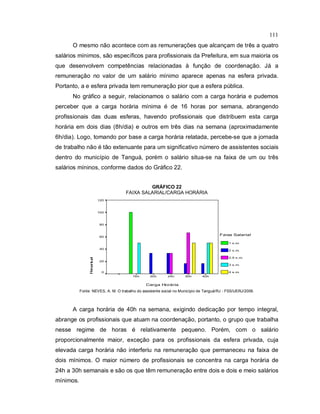 111
O mesmo não acontece com as remunerações que alcançam de três a quatro
salários mínimos, são específicos para profissionais da Prefeitura, em sua maioria os
que desenvolvem competências relacionadas à função de coordenação. Já a
remuneração no valor de um salário mínimo aparece apenas na esfera privada.
Portanto, a e esfera privada tem remuneração pior que a esfera pública.
No gráfico a seguir, relacionamos o salário com a carga horária e pudemos
perceber que a carga horária mínima é de 16 horas por semana, abrangendo
profissionais das duas esferas, havendo profissionais que distribuem esta carga
horária em dois dias (8h/dia) e outros em três dias na semana (aproximadamente
6h/dia). Logo, tomando por base a carga horária relatada, percebe-se que a jornada
de trabalho não é tão extenuante para um significativo número de assistentes sociais
dentro do município de Tanguá, porém o salário situa-se na faixa de um ou três
salários míninos, conforme dados do Gráfico 22.
GRÁFICO 22
FAIXA SALARIAL/CARGA HORÁRIA
Carga Horária
40h30h24h20h16h
Percentual
120
100
80
60
40
20
0
Faixa Salarial
1 s.m.
2 s.m.
2,5 s.m.
3 s.m.
4 s.m.
Fonte: NEVES, A. M. O trabalho do assistente social no Município de Tanguá/RJ - FSS/UERJ/2009.
A carga horária de 40h na semana, exigindo dedicação por tempo integral,
abrange os profissionais que atuam na coordenação, portanto, o grupo que trabalha
nesse regime de horas é relativamente pequeno. Porém, com o salário
proporcionalmente maior, exceção para os profissionais da esfera privada, cuja
elevada carga horária não interferiu na remuneração que permaneceu na faixa de
dois mínimos. O maior número de profissionais se concentra na carga horária de
24h a 30h semanais e são os que têm remuneração entre dois e dois e meio salários
mínimos.
 