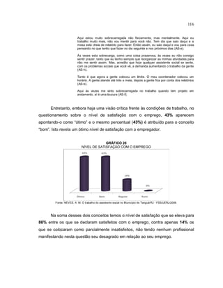 116
Aqui estou muito sobrecarregada não fisicamente, mas mentalmente. Aqui eu
trabalho muito mais, não vou mentir para você não. Tem dia que saio daqui e a
mesa está cheia de relatório para fazer. Então assim, eu saio daqui e vou para casa
pensando no que tenho que fazer no dia seguinte e nos próximos dias (AS-e).
Às vezes esta sobrecarga, como uma coisa prazerosa, às vezes eu não consigo
sentir prazer, tanto que eu tenho sempre que reorganizar as minhas atividades para
não me sentir assim. Mas, acredito que hoje qualquer assistente social se sente,
com os problemas sociais que você vê, a demanda aumentando o trabalho da gente
(AS-h).
Tanto é que agora a gente colocou um limite. O meu coordenador colocou um
horário. A gente atende até três e meia, depois a gente fica por conta dos relatórios
(AS-e).
Aqui às vezes me sinto sobrecarregada no trabalho quando tem projeto em
andamento, aí é uma loucura (AS-f).
Entretanto, embora haja uma visão crítica frente às condições de trabalho, no
questionamento sobre o nível de satisfação com o emprego, 43% aparecem
apontando-o como “ótimo” e o mesmo percentual (43%) é atribuído para o conceito
“bom”. Isto revela um ótimo nível de satisfação com o empregador.
GRÁFICO 26
NÍVEL DE SATISFAÇÃO COM O EMPREGO
Fonte: NEVES, A. M. O trabalho do assistente social no Município de Tanguá/RJ - FSS/UERJ/2009.
Na soma desses dois conceitos temos o nível de satisfação que se eleva para
86% entre os que se declaram satisfeitos com o emprego, contra apenas 14% os
que se colocaram como parcialmente insatisfeitos, não tendo nenhum profissional
manifestando nesta questão seu desagrado em relação ao seu emprego.
 