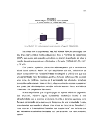 117
GRÁFICO 27
PARTICIPAÇÃO EM ÓRGÃOS DA CATEGORIA
E ASSOCIAÇÃO DOS TRABALHADORES
Fonte: NEVES, A. M. O trabalho do assistente social no Município de Tanguá/RJ - FSS/UERJ/2009.
De acordo com os depoimentos, 71% não mantêm nenhuma articulação com
seu órgão representativo, nesta particularidade trago a referência de Vasconcelos
(2007), que analisa este aspecto contraditório no interior da profissão, ao situar a
relação do assistente social com o Sindicato e o Conselho (VASCONCELOS, 2007,
p. 321-22).
Esta questão, a princípio, não surtiu o efeito esperado, pois o resultado nos
trouxe dados confusos. Assim, dos que responderam que sim, participavam de
algum espaço coletivo de representatividade da categoria, o CRESS foi o que teve
uma concentração maior de respostas, porém, a forma de participação não expressa
uma forma de militância, restringe-se à participação nas atividades formativas
promovidas pela entidade. Neste contexto, alguns assistentes sociais expressaram
sua queixa, por não conseguirem participar mais dos eventos, devido aos horários
coincidirem com o expediente de trabalho.
Muitos responderam que sua participação era apenas através do pagamento
das anuidades, inclusive alguns expressando insatisfação quanto a esta
obrigatoriedade para o exercício profissional. E ainda, a denúncia apareceu como
forma de participação, como expresso no depoimento de uma entrevistada: “eu sou
uma daquelas que quando vê alguma coisa errada eu denuncio ao Conselho [...]
duas vezes eu já fiz denúncia ao Conselho, uma irregularidade”, mas lamentou que
seu movimento de denúncia não tivesse sido bem sucedido, pois nenhum retorno
obteve.
 