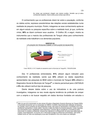 126
As coisas que acontecem chegam aos nossos ouvidos. Acredito que já estou
conhecendo bastante, mesmo tendo pouco tempo aqui (AS-e).
O conhecimento que os profissionais dizem ter sobre a população, conforme
os relatos acima, expressa características das relações sociais estabelecidas numa
realidade de pequeno município. Porém, indagamos se esse conhecimento apóia-se
em algum estudo ou pesquisa específica sobre a realidade local, já que, conforme
vimos, 86% se dizem conhecer seus usuários. O Gráfico 28, a seguir, mostra os
instrumentos que a maioria dos profissionais de Tanguá utiliza para conhecimento
da realidade onde trabalham e as demandas populares.
GRÁFICO 28
UTILIZAÇÃO DE PESQUISA SOBRE A POPULAÇÃO DO MUNICÍPIO
Fonte: NEVES, A. M. O trabalho do assistente social no Município de Tanguá/RJ - FSS/UERJ/2009.
Dos 14 profissionais entrevistados, 91% utilizam algum indicador para
conhecimento da realidade, sendo que 43% utilizam os dados específicos
apresentados nas pesquisas do IBGE sobre o município de Tanguá; 24% utilizam o
Diagnostico Social do Município de Tanguá95
; e mesmo percentual para o DATASUS
e 9% não utilizam nenhum tipo de pesquisa.
Diante desses dados sobre o uso de indicadores e de uma postura
investigativa, indagamos se isso revela alguma tendência da profissão de romper
com a empiria e de buscar respaldo em dados técnicos fundados em estudos e
95
Além do que já foi mencionada na nota número 55 sobre o Diagnóstico Social do Município de Tanguá (2005),
é importante acrescentar que na composição do CMDCA, Conselho responsável pela realização da pesquisa
em questão, havia a presença de dois assistentes sociais, dois quais eu representava a sociedade civil e outra
profissional representava o poder público. Durante a coleta dos dados da presente pesquisa, muitas respostas
dos entrevistados foram respaldadas neste Diagnóstico, inclusive alguns ressaltaram a importância deste
instrumento no cotidiano profissional, inclusive sua relevância no embasamento de dados para elaboração de
projetos. Esse Diagnóstico, de acordo com a informação de alguns profissionais entrevistados, está sendo
avaliado tendo em vista sua atualização já que está completando cinco anos desde sua realização.
 