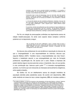 130
município e, às vezes, isso eu percebo também na população (...), os usuários, é
que eles também, em sua maioria não querem sair do município, trabalhar fora do
município, aí isso dificulta mais ainda (AS-u).
A demanda maior é essa do desemprego, mas por outro lado, eles não querem
retornar a escola pra aumentar a escolaridade, pra uma maior oportunidade de
emprego, não querem sair do município pra trabalhar, aí fica complicado, aí dificulta
ainda mais (AS-u).
[...] só que são pessoas que são excelentes profissionais, motoristas, mas que não
vão muito longe. Algumas empresas estavam preferindo trabalhadores de Tanguá
[...], mas cadê a qualificação? Cadê o segundo grau? Salário altíssimo requer
qualificação (AS-n).
E é uma luta, você tem até profissionais que são moradores do lugar trabalhando na
prefeitura como comissionados, mas com o primário. Na sua grande maioria eles
não conseguem perceber que daqui a pouco até para a prefeitura vai ser exigida a
qualificação desses profissionais; a restringir o acesso através do perfil (AS-n).
Por fim, em relação às preocupações conferidas nos depoimentos acerca da
relação trabalho-educação, há ainda outro aspecto desse complexo conforme
podemos ver no depoimento a seguir:
Vão vir pessoas de fora bem qualificadas e para o morador daqui vai ficar o
subemprego, talvez nem isso, porque acho que até lá vão exigir o curso de Ensino
Médio completo, até para o subempregado, entendeu, a população não está
conseguindo ter essa visão (AS-q).
No discurso dos profissionais há uma tendência à reprodução do discurso de
que a “empregabilidade” é uma responsabilidade do indivíduo; discurso que,
segundo Mattoso (2007), “transfere riscos e responsabilidades aos mais fracos”,
fazendo o trabalhador assumir a sua empregabilidade por meio de formação
profissional, requalificação etc. De acordo com o autor, Estado e empresas até
podem destinar alguns recursos para tais cursos, é importante, mas, em sua opinião,
é uma contribuição tipo “salve-se quem puder” 98
. A chamada empregabilidade,
portanto, é um termo que vem ofuscando os interesses estruturalmente antagônicos,
entre capital e trabalho.
No Gráfico 30, há um detalhamento acerca da situação imobiliária da
população atendida pelos assistentes socais. De acordo com depoimentos, 46%
estão residindo em áreas de risco e áreas irregulares, 25% em moradias cedidas e
98
Na análise de Mattoso, no discurso do governo e dos empresários, há dois eixos básicos: o primeiro ”relaciona
a possível criação de empregos com a redução do custo do trabalho e com a deterioração dos empregos
existentes [...] buscando, paralelamente, caricaturar os renitentes defensores dos contratos claros e formais,
negociados ou legais, como privilegiados ou corporativos”. O segundo eixo do discurso “tenta romper com a
tradição que identifica cidadania com o exercício de um trabalho. Nesta tradição, o emprego é um direito do
cidadão e, na sua ausência, cabe ao Estado assegurá-lo. Agora empresas e Estado buscam se libertar dos
encargos com o emprego e fazem do desemprego uma responsabilidade individual do próprio desempregado”
(MATTOSO, 2007, p. 20).
 