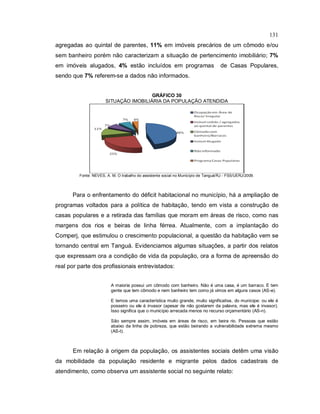 131
agregadas ao quintal de parentes, 11% em imóveis precários de um cômodo e/ou
sem banheiro porém não caracterizam a situação de pertencimento imobiliário; 7%
em imóveis alugados, 4% estão incluídos em programas de Casas Populares,
sendo que 7% referem-se a dados não informados.
GRÁFICO 30
SITUAÇÃO IMOBILIÁRIA DA POPULAÇÃO ATENDIDA
Fonte: NEVES, A. M. O trabalho do assistente social no Município de Tanguá/RJ - FSS/UERJ/2009.
Para o enfrentamento do déficit habitacional no município, há a ampliação de
programas voltados para a política de habitação, tendo em vista a construção de
casas populares e a retirada das famílias que moram em áreas de risco, como nas
margens dos rios e beiras de linha férrea. Atualmente, com a implantação do
Comperj, que estimulou o crescimento populacional, a questão da habitação vem se
tornando central em Tanguá. Evidenciamos algumas situações, a partir dos relatos
que expressam ora a condição de vida da população, ora a forma de apreensão do
real por parte dos profissionais entrevistados:
A maioria possui um cômodo com banheiro. Não é uma casa, é um barraco. E tem
gente que tem cômodo e nem banheiro tem como já vimos em alguns casos (AS-e).
E temos uma característica muito grande, muito significativa, do munícipe: ou ele é
posseiro ou ele é invasor (apesar de não gostarem da palavra, mas ele é invasor).
Isso significa que o município arrecada menos no recurso orçamentário (AS-n).
São sempre assim, imóveis em áreas de risco, em beira rio. Pessoas que estão
abaixo da linha de pobreza, que estão beirando a vulnerabilidade extrema mesmo
(AS-t).
Em relação à origem da população, os assistentes sociais detêm uma visão
da mobilidade da população residente e migrante pelos dados cadastrais de
atendimento, como observa um assistente social no seguinte relato:
 