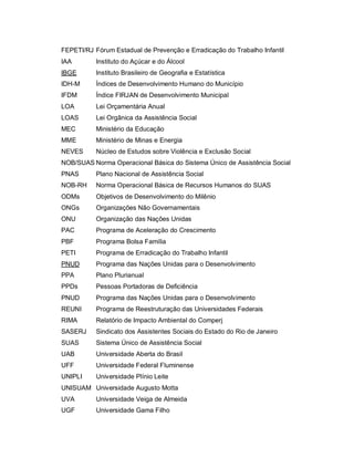 FEPETI/RJ Fórum Estadual de Prevenção e Erradicação do Trabalho Infantil
IAA
IBGE
IDH-M
IFDM
LOA
LOAS
MEC
MME
NEVES
NOB/SUAS
PNAS
NOB-RH
ODMs
ONGs
ONU
PAC
PBF
PETI
PNUD
PPA
PPDs
PNUD
REUNI
RIMA
SASERJ
SUAS
UAB
UFF
UNIPLI
UNISUAM
UVA
UGF
Instituto do Açúcar e do Álcool
Instituto Brasileiro de Geografia e Estatística
Índices de Desenvolvimento Humano do Município
Índice FIRJAN de Desenvolvimento Municipal
Lei Orçamentária Anual
Lei Orgânica da Assistência Social
Ministério da Educação
Ministério de Minas e Energia
Núcleo de Estudos sobre Violência e Exclusão Social
Norma Operacional Básica do Sistema Único de Assistência Social
Plano Nacional de Assistência Social
Norma Operacional Básica de Recursos Humanos do SUAS
Objetivos de Desenvolvimento do Milênio
Organizações Não Governamentais
Organização das Nações Unidas
Programa de Aceleração do Crescimento
Programa Bolsa Família
Programa de Erradicação do Trabalho Infantil
Programa das Nações Unidas para o Desenvolvimento
Plano Plurianual
Pessoas Portadoras de Deficiência
Programa das Nações Unidas para o Desenvolvimento
Programa de Reestruturação das Universidades Federais
Relatório de Impacto Ambiental do Comperj
Sindicato dos Assistentes Sociais do Estado do Rio de Janeiro
Sistema Único de Assistência Social
Universidade Aberta do Brasil
Universidade Federal Fluminense
Universidade Plínio Leite
Universidade Augusto Motta
Universidade Veiga de Almeida
Universidade Gama Filho
 