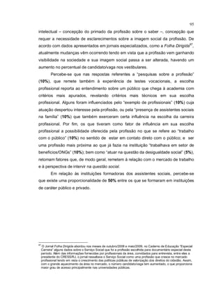 95
intelectual – concepção do primado da profissão sobre o saber –, concepção que
requer a necessidade de esclarecimentos sobre a imagem social da profissão. De
acordo com dados apresentados em jornais especializados, como a Folha Dirigida87
,
atualmente mudanças vêm ocorrendo tendo em vista que a profissão vem ganhando
visibilidade na sociedade e sua imagem social passa a ser alterada, havendo um
aumento no percentual de candidato/vaga nos vestibulares.
Percebe-se que nas respostas referentes a “pesquisas sobre a profissão”
(10%), que remete também à experiência de testes vocacionais, a escolha
profissional reporta ao entendimento sobre um público que chega à academia com
critérios mais apurados, revelando critérios mais técnicos em sua escolha
profissional. Alguns foram influenciados pelo “exemplo de profissionais” (10%) cuja
atuação despertou interesse pela profissão, ou pela “presença de assistentes sociais
na família” (10%) que também exerceram certa influência na escolha da carreira
profissional. Por fim, os que tiveram como fator de influência em sua escolha
profissional a possibilidade oferecida pela profissão no que se refere ao “trabalho
com o público” (10%) no sentido de estar em contato direto com o público; e ser
uma profissão mais próxima ao que já fazia na instituição “trabalhava em setor de
benefícios/ONGs” (10%); bem como “atuar na questão da desigualdade social” (5%),
retomam fatores que, de modo geral, remetem à relação com o mercado de trabalho
e à perspectiva de intervir na questão social.
Em relação às instituições formadoras dos assistentes sociais, percebe-se
que existe uma proporcionalidade de 50% entre os que se formaram em instituições
de caráter público e privado.
87
O Jornal Folha Dirigida abordou nos meses de outubro/2008 e maio/2009, no Caderno de Educação “Especial
Carreira” alguns dados sobre o Serviço Social que foi a profissão escolhida para documentário especial deste
período. Além das informações fornecidas por profissionais da área, convidados para entrevista, entre eles a
presidente do CRESS/RJ, o jornal ressaltava o Serviço Social como uma profissão que cresce no mercado
profissional tendo em vista o crescimento das políticas públicas de valorização dos direitos do cidadão. Assim,
com o grande aquecimento da área no mercado, o número candidato/vaga tem aumentado, o que proporciona
maior grau de acesso principalmente nas universidades públicas.
 