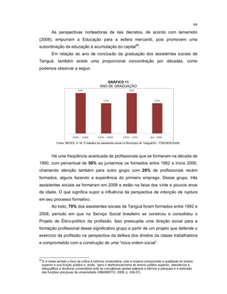 99
As perspectivas norteadoras de tais decretos, de acordo com Iamamoto
(2008), empurram a Educação para a esfera mercantil, pois promovem uma
subordinação da educação à acumulação do capital90
.
Em relação ao ano de conclusão da graduação dos assistentes sociais de
Tanguá, também existe uma proporcional concentração por décadas, como
podemos observar a seguir.
GRÁFICO 11
ANO DE GRADUAÇÃO
Fonte: NEVES, A. M. O trabalho do assistente social no Município de Tanguá/RJ - FSS/UERJ/2009.
Há uma freqüência acentuada de profissionais que se formaram na década de
1990, com percentual de 50% ao juntarmos os formados entre 1992 a início 2000,
chamando atenção também para outro grupo com 29% de profissionais recém
formados, alguns fazendo a experiência do primeiro emprego. Desse grupo, três
assistentes sociais se formaram em 2008 e estão na faixa dos vinte e poucos anos
de idade. O que significa supor a influência da perspectiva de intenção de ruptura
em seu processo formativo.
Ao todo, 79% dos assistentes sociais de Tanguá foram formados entre 1992 e
2008, período em que no Serviço Social brasileiro se construiu e consolidou o
Projeto de Ético-político da profissão. Isso pressupõe uma direção social para a
formação profissional desse significativo grupo a partir de um projeto que defende o
exercício da profissão na perspectiva da defesa dos direitos da classe trabalhadora
e comprometido com a construção de uma “nova ordem social”.
90
E é neste sentido o foco da crítica à reforma universitária, pois a mesma compromete a qualidade do ensino
superior e sua função pública e, ainda, “gera o desfinanciamento do ensino público superior, desvaloriza e
desqualifica a docência universitária ante as cumulativas perdas salariais e elimina a pesquisa e a extensão
das funções precípuas da universidade (IAMAMOTO, 2008, p. 436-37).
 