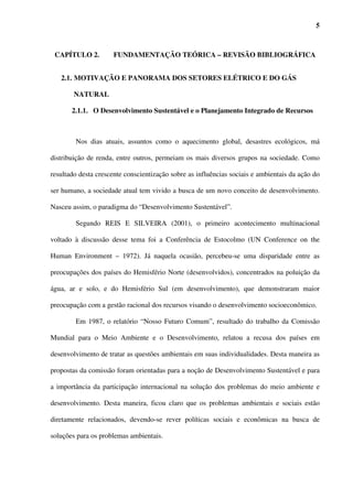 5



 CAPÍTULO 2.          FUNDAMENTAÇÃO TEÓRICA – REVISÃO BIBLIOGRÁFICA


   2.1. MOTIVAÇÃO E PANORAMA DOS SETORES ELÉTRICO E DO GÁS

        NATURAL

       2.1.1. O Desenvolvimento Sustentável e o Planejamento Integrado de Recursos



        Nos dias atuais, assuntos como o aquecimento global, desastres ecológicos, má

distribuição de renda, entre outros, permeiam os mais diversos grupos na sociedade. Como

resultado desta crescente conscientização sobre as influências sociais e ambientais da ação do

ser humano, a sociedade atual tem vivido a busca de um novo conceito de desenvolvimento.

Nasceu assim, o paradigma do “Desenvolvimento Sustentável”.

        Segundo REIS E SILVEIRA (2001), o primeiro acontecimento multinacional

voltado à discussão desse tema foi a Conferência de Estocolmo (UN Conference on the

Human Environment – 1972). Já naquela ocasião, percebeu-se uma disparidade entre as

preocupações dos países do Hemisfério Norte (desenvolvidos), concentrados na poluição da

água, ar e solo, e do Hemisfério Sul (em desenvolvimento), que demonstraram maior

preocupação com a gestão racional dos recursos visando o desenvolvimento socioeconômico.

        Em 1987, o relatório “Nosso Futuro Comum”, resultado do trabalho da Comissão

Mundial para o Meio Ambiente e o Desenvolvimento, relatou a recusa dos países em

desenvolvimento de tratar as questões ambientais em suas individualidades. Desta maneira as

propostas da comissão foram orientadas para a noção de Desenvolvimento Sustentável e para

a importância da participação internacional na solução dos problemas do meio ambiente e

desenvolvimento. Desta maneira, ficou claro que os problemas ambientais e sociais estão

diretamente relacionados, devendo-se rever políticas sociais e econômicas na busca de

soluções para os problemas ambientais.
 