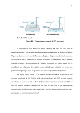 11




                      (a) Associado                  (b) Não-associado

        Fonte: Portal Gás Energia

                      Figura 2.1 – Formas de apresentação do GN nos poços.



        A utilização do Gás Natural no Brasil começou por volta de 1940, com as

descobertas de óleo e gás na Bahia, atendendo a indústrias localizadas no Recôncavo Baiano.

Depois de alguns anos, as bacias do Recôncavo, Sergipe e Alagoas eram destinadas quase em

sua totalidade para a fabricação de insumos industriais e combustíveis para a refinaria

Landulfo Alves e o Pólo Petroquímico de Camaçari. No entanto, por muitos anos o GN foi

considerado um subproduto do petróleo, sendo utilizado para reinjeção nos poços para

potencializar a produção deste, ou queimado em tochas nas plataformas de produção.

        De acordo com a Figura 2.2, as reservas provadas de GN no Brasil tiveram boa

evolução na década de 80. Embora ainda não contabilizado até 2003, as mais recentes

descobertas de reservas de GN na Bacia de Santos devem trazer um aumento de 200% no

total das reservas nacionais, contabilizadas em torno de 240x109m3, o que representa um

aumento muito significativo nas reservas nacionais e um forte argumento a favor de sua maior

participação na matriz energética nacional.
 