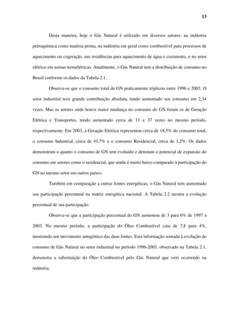 13



         Desta maneira, hoje o Gás Natural é utilizado em diversos setores: na indústria

petroquímica como matéria prima, na indústria em geral como combustível para processos de

aquecimento ou cogeração, nas residências para aquecimento de água e cozimento, e no setor

elétrico em usinas termelétricas. Atualmente, o Gás Natural tem a distribuição de consumo no

Brasil conforme os dados da Tabela 2.1.

         Observa-se que o consumo total de GN praticamente triplicou entre 1996 e 2003. O

setor industrial teve grande contribuição absoluta, tendo aumentado seu consumo em 2,34

vezes. Mas os setores onde houve maior mudança no consumo do GN foram os de Geração

Elétrica e Transportes, tendo aumentado cerca de 11 e 37 vezes no mesmo período,

respectivamente. Em 2003, a Geração Elétrica representou cerca de 18,5% do consumo total,

o consumo Industrial, cerca de 41,7% e o consumo Residencial, cerca de 1,2%. Os dados

demonstram o quanto o consumo de GN tem evoluído e denotam o potencial de expansão do

consumo em setores como o residencial, que ainda é muito baixo comparado à participação do

GN no mesmo setor em outros países.

         Também em comparação a outras fontes energéticas, o Gás Natural tem aumentado

sua participação percentual na matriz energética nacional. A Tabela 2.2 mostra a evolução

percentual de sua participação.

         Observa-se que a participação percentual do GN aumentou de 3 para 6% de 1997 a

2003. No mesmo período, a participação do Óleo Combustível caiu de 7,8 para 4%,

mostrando um movimento antagônico das duas fontes. Esta informação somada à evolução do

consumo de Gás Natural no setor industrial no período 1996-2003, observado na Tabela 2.1,

demonstra a substituição do Óleo Combustível pelo Gás Natural que vem ocorrendo na

indústria.
 