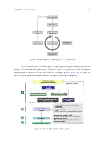 Capítulo 2. Gerenciamento 25
Figura 4: Modelo de Gestão de Energia (CATÁLOGO, 2011)
Estas características permitem que as organizações integrem o gerenciamento de
energia com seus esforços globais para melhorar a gestão da qualidade, meio ambiente e
outras questões abordadas pelos seus sistemas de gestão. Pinto (2014) traz o PDCA em
fluxo de ações para estabelecer o sistema de gestão mostrado na Figura 5.
Figura 5: Fluxo de Ações PDCA (PINTO, 2014)
 