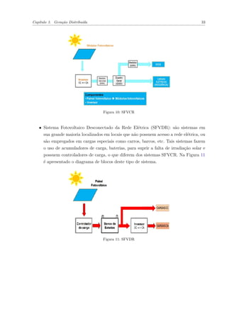 Capítulo 3. Geração Distribuída 33
Figura 10: SFVCR
∙ Sistema Fotovoltaico Desconectado da Rede Elétrica (SFVDR): são sistemas em
sua grande maioria localizados em locais que não possuem acesso a rede elétrica, ou
são empregados em cargas especiais como carros, barcos, etc. Tais sistemas fazem
o uso de acumuladores de carga, baterias, para suprir a falta de irradiação solar e
possuem controladores de carga, o que diferem dos sistemas SFVCR. Na Figura 11
é apresentado o diagrama de blocos deste tipo de sistema.
Figura 11: SFVDR
 
