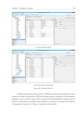 Capítulo 5. Instalação do câmpus 68
(a) Árvore Sistema CCK
(b) Árvore Sistema Fotovoltaico
Figura 43: Modelagem Elétrica
Conforme mencionado anteriormente, o PI System possui três ferramentas de visu-
alização dos dados armazenados. O PI Process Book permite a exibição de telas dinâmicas
análogas ao de um software supervisório, porém sem funcionalidades de atuação nos dis-
positivos, onde podem ser exibidos dados históricos e em tempo real, gráficos de tendência
e fluxograma do processo. A Figura 44 apresenta a ferramenta.
 