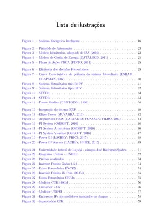 Lista de ilustrações
Figura 1 – Sistema Energético Inteligente . . . . . . . . . . . . . . . . . . . . . . . 16
Figura 2 – Pirâmide de Automação . . . . . . . . . . . . . . . . . . . . . . . . . . 23
Figura 3 – Modelo hierárquico, adaptado de ISA (2010) . . . . . . . . . . . . . . . 23
Figura 4 – Modelo de Gestão de Energia (CATÁLOGO, 2011) . . . . . . . . . . . 25
Figura 5 – Fluxo de Ações PDCA (PINTO, 2014) . . . . . . . . . . . . . . . . . . 25
Figura 6 – Eficiência dos Módulos Fotovoltaicos . . . . . . . . . . . . . . . . . . . 29
Figura 7 – Curva Característica de potência do sistema fotovoltaico (ESRAM;
CHAPMAN, 2007) . . . . . . . . . . . . . . . . . . . . . . . . . . . . . 30
Figura 8 – Sistema Fotovoltaico tipo BAPV . . . . . . . . . . . . . . . . . . . . . 31
Figura 9 – Sistema Fotovoltaico tipo BIPV . . . . . . . . . . . . . . . . . . . . . . 32
Figura 10 –SFVCR . . . . . . . . . . . . . . . . . . . . . . . . . . . . . . . . . . . 33
Figura 11 –SFVDR . . . . . . . . . . . . . . . . . . . . . . . . . . . . . . . . . . . 33
Figura 12 –Frame Modbus (PROTOCOL, 1996) . . . . . . . . . . . . . . . . . . . 38
Figura 13 –Integração do sistema ERP . . . . . . . . . . . . . . . . . . . . . . . . 40
Figura 14 –Elipse Power (MUSARRA, 2013) . . . . . . . . . . . . . . . . . . . . . 42
Figura 15 –Arquitetura PIMS (CARVALHO; FONSECA; FILHO, 2003) . . . . . . 44
Figura 16 –PI System (OSISOFT, 2016) . . . . . . . . . . . . . . . . . . . . . . . 46
Figura 17 –PI System Arquitetura (OSISOFT, 2016) . . . . . . . . . . . . . . . . . 46
Figura 18 –PI System Visualize (OSISOFT, 2016) . . . . . . . . . . . . . . . . . . 47
Figura 19 –Power BI (LACHEV; PRICE, 2015) . . . . . . . . . . . . . . . . . . . 48
Figura 20 –Power BI Services (LACHEV; PRICE, 2015) . . . . . . . . . . . . . . . 49
Figura 21 –Universidade Federal de Itajubá - câmpus José Rodrigues Seabra . . . 51
Figura 22 –Diagrama Unifilar - UNIFEI . . . . . . . . . . . . . . . . . . . . . . . . 52
Figura 23 –Prédios analisados . . . . . . . . . . . . . . . . . . . . . . . . . . . . . 53
Figura 24 –Inversor Fronius Galvo 1.5-1 . . . . . . . . . . . . . . . . . . . . . . . . 54
Figura 25 –Usina Fotovoltaica EXCEN . . . . . . . . . . . . . . . . . . . . . . . . 54
Figura 26 –Inversor Fronius IG Plus 100 V-3 . . . . . . . . . . . . . . . . . . . . . 55
Figura 27 –Usina Fotovoltaica CERIn . . . . . . . . . . . . . . . . . . . . . . . . . 55
Figura 28 –Medidor CCK 4400M . . . . . . . . . . . . . . . . . . . . . . . . . . . . 56
Figura 29 –Conversor CCK . . . . . . . . . . . . . . . . . . . . . . . . . . . . . . . 56
Figura 30 –Medidor UNIFEI . . . . . . . . . . . . . . . . . . . . . . . . . . . . . . 57
Figura 31 –Endereços IPs dos medidores instalados no câmpus . . . . . . . . . . . 58
Figura 32 –Supervisório CCK . . . . . . . . . . . . . . . . . . . . . . . . . . . . . 59
 