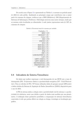 Capítulo 6. Indicadores 81
De acordo com a Figura 55 e apresentado na Tabela 8, o consumo no período anual
de 2016 de cada prédio. Analisando as principais cargas que contribuem com a maior
parte do consumo do câmpus, verifica-se que a BIM (Biblioteca), DSI (Departamento de
Sistemas de Informação), Prefeitura e Metrologia merecem uma maior atenção, sendo que
as mesmas estão localizadas no alimentador 4 onde juntas representam mais de 50% do
consumo do câmpus.
Tabela 8: Percentual anual de consumo por unidade
Unidades %
BIM 11%
BIOMAT 4%
Cerin 2%
DSI 17%
EXCEN 2%
ICE 2%
IEST-BL1 3%
IEST-BL2 8%
IEST-BL3 1%
IFQ 1%
IMC 1%
LAB-ELETRICA 2%
LAT 8%
LHPC-150kVA 7%
LHPC-300kVA 3%
METROLOGIA 10%
PREFEITURA 17%
SEP-220V 1%
6.4 Indicadores do Sistema Fotovoltaico
Os dados que melhor expressam o real desempenho de um SFCR são a taxa de
desempenho (PR - Performance Ratio) e a produtividade energética (YP - Yield Photovol-
taic). Para os cálculos de PR e YP foram utilizados dados de geração mensal (kWh/mês)
e dados obtidos do Sistema de Aquisição de Dados Atmosféricos (SADA) disponíveis para
o ano de 2016.
A PR do sistema indica a relação entre a produtividade real do sistema e a produ-
tividade de referência, neste caso obtida a partir de dados reais medidos por um piranô-
metro. A utilização desse parâmetro possibilita a comparação de sistemas fotovoltaicos
conectados à rede que podem diferir em relação ao design, tecnologia ou localização geo-
gráfica.
 