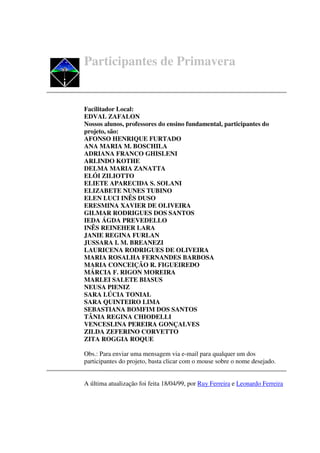 Participantes de Primavera


Facilitador Local:
EDVAL ZAFALON
Nossos alunos, professores do ensino fundamental, participantes do
projeto, são:
AFONSO HENRIQUE FURTADO
ANA MARIA M. BOSCHILA
ADRIANA FRANCO GHISLENI
ARLINDO KOTHE
DELMA MARIA ZANATTA
ELÓI ZILIOTTO
ELIETE APARECIDA S. SOLANI
ELIZABETE NUNES TUBINO
ELEN LUCI INÊS DUSO
ERESMINA XAVIER DE OLIVEIRA
GILMAR RODRIGUES DOS SANTOS
IEDA ÁGDA PREVEDELLO
INÊS REINEHER LARA
JANIE REGINA FURLAN
JUSSARA I. M. BREANEZI
LAURICENA RODRIGUES DE OLIVEIRA
MARIA ROSALHA FERNANDES BARBOSA
MARIA CONCEIÇÃO R. FIGUEIREDO
MÁRCIA F. RIGON MOREIRA
MARLEI SALETE BIASUS
NEUSA PIENIZ
SARA LÚCIA TONIAL
SARA QUINTEIRO LIMA
SEBASTIANA BOMFIM DOS SANTOS
TÂNIA REGINA CHIODELLI
VENCESLINA PEREIRA GONÇALVES
ZILDA ZEFERINO CORVETTO
ZITA ROGGIA ROQUE

Obs.: Para enviar uma mensagem via e-mail para qualquer um dos
participantes do projeto, basta clicar com o mouse sobre o nome desejado.


A última atualização foi feita 18/04/99, por Ruy Ferreira e Leonardo Ferreira
 