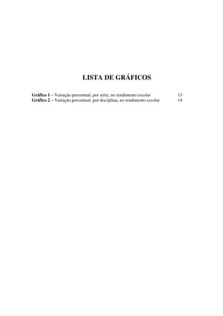 LISTA DE GRÁFICOS

Gráfico 1 – Variação percentual, por série, no rendimento escolar        13
Gráfico 2 – Variação percentual, por disciplina, no rendimento escolar   14
 