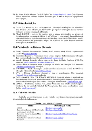 b) Sr. Bruce Schulte, Gerente Geral da CyberCom (schulte@cyber99.com), Quito-Equador,
   através do qual foi obtido o software de autoria para a WEB e doação de equipamentos
   para o projeto.

15.3 Visita a Instituições
a) UNESCO – Através do Sr. Cláudio Menezes, Conselheiro do Programa de Informática
   para América Latina e Caribe, em Brasília-DF, que repassou orientações e doou literatura
   pertinente ao tema, editada pela UNESCO.
b) NEAD-IE-UFMT – Através de reuniões com a equipe coordenadora do projeto de
   licenciatura plena em educação básica: 1ª a 4ª série do 1º grau, através da modalidade de
   educação à distância, onde foram abordados objetivos e estratégias do Núcleo para atender
   a formação inicial dos professores “leigos” em atividade nas redes públicas estadual e
   municipais do Mato Grosso.

15.4 Participação em Listas de Discussão
a) EAD – Fórum de discussão sobre EAD no Brasil, mantida pela RNP sob a supervisão do
   GT-EAD (ead@cr-df.rnp.br)
b) Informática Educativa- Fórum de discussão sobre o emprego da Informática na Educação.
   Tem como moderador: José Ricardo (edu-infor@egroups.com)
c) guob-l – Lista de discussão sobre o emprego do Banco de Dados Oracle na WEB. Não
   moderada (guob-l-request@chewbaca.telnet.com.br)
d) EdNet – Lista de discussão sobre o emprego da Internet na Educação. Não moderada
   (listserv@nic.umass.edu), em Inglês
e) WWWEDU – WEB e Educação. Discute assuntos relacionados ao uso da WWW na
   educação. Não moderada (listserv@usq.edu.au)
f) UVM – Discute abordagens alternativas para a aprendizagem. Não moderada
   (listserv@sjuvm.stjohns.edu), em Inglês
g) CoSN - CONSORTIUM FOR SCHOOL NETWORK. Lista que discute a qualidade do
   uso da Internet nas escolas, o desenvolvimento e disseminação da informação partilhada e
   o uso das telecomunicações para o apoio à instrução. Não moderada (listproc@cosn.org)
h) DEOS-L – Conferência mantida pelo Centro Americano para estudos em Educação à
   Distância da Universidade Estadual da Pennsylvania. Tem como moderadora: Mauri
   Collins (ade@cac.psu.edu)

15.5 WEB sites visitados
       As tabelas a seguir discriminam os sites visitados com vista ao planejamento e criação
do projeto Infovia da Educação:

                            Tabela 6 - Sites sobre EAD visitados
                    SITES                            ENDEREÇOS (URL)
     ABED                                    Http://www.abed.org.br/
     Benvindo ao Projeto EaD-Interlocução    Http://ead.coltec.ufmg.br/
     mediada pela tecnologia
     Biblioteca Virtual na área de Mídia e   Http://www.ced.ufsc.br/bibliote/virtual/midia/
     Conhecimento
     Canadian Association for Distance       Http://www.cade-aced.ca/
     Education
 