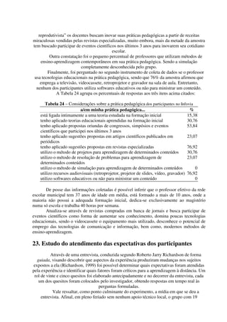 reprodutivista” os docentes buscam inovar suas práticas pedagógicas a partir de receitas
miraculosas vendidas pelas revistas especializadas, muito embora, mais da metade da amostra
tem buscado participar de eventos científicos nos últimos 3 anos para inovarem seu cotidiano
                                            escolar.
         Outra constatação foi o pequeno percentual de professores que utilizam métodos de
    ensino-aprendizagem contemporâneos em sua prática pedagógica. Sendo a simulação
                          completamente desconhecida pelo grupo.
        Finalmente, foi perguntado no segundo instrumento de coleta de dados se o professor
 usa tecnologias educacionais na prática pedagógica, sendo que 76% da amostra afirmou que
    emprega a televisão, videocassete, retroprojetor e gravador na sala de aula. Entretanto,
  nenhum dos participantes utiliza softwares educativos ou não para ministrar um conteúdo.
            A Tabela 24 agrupa os percentuais de respostas aos três itens acima citados:

       Tabela 24 – Considerações sobre a prática pedagógica dos participantes no Infovia
                           a/em minha prática pedagógica...                             %
    está ligada intimamente a uma teoria estudada na formação inicial                  15,38
    tenho aplicado teorias educacionais aprendidas na formação inicial                 30,76
    tenho aplicado propostas oriundas de congressos, simpósios e eventos               53,84
    científicos que participei nos últimos 3 anos
    tenho aplicado sugestões propostas em artigos científicos publicados em            23,07
    periódicos
    tenho aplicado sugestões propostas em revistas especializadas                      76,92
    utilizo o método de projetos para aprendizagem de determinados conteúdos           30,76
    utilizo o método de resolução de problemas para aprendizagem de                    23,07
    determinados conteúdos
    utilizo o método de simulação para aprendizagem de determinados conteúdos              0
    utilizo recursos audiovisuais (retroprojetor, projetor de slides, vídeo, gravador) 76,92
    utilizo softwares educativos ou não para ministrar um conteúdo                         0

       De posse das informações coletadas é possível inferir que o professor efetivo da rede
escolar municipal tem 37 anos de idade em média, está formado a mais de 10 anos, onde a
maioria não possui a adequada formação inicial, dedica-se exclusivamente ao magistério
numa só escola e trabalha 40 horas por semana.
       Atualiza-se através de revistas compradas em banca de jornais e busca participar de
eventos científicos como forma de aumentar seu conhecimento, domina poucas tecnologias
educacionais, sendo o videocassete o equipamento mais utilizado, desconhece o potencial de
emprego das tecnologias de comunicação e informação, bem como, modernos métodos de
ensino-aprendizagem.

23. Estudo do atendimento das expectativas dos participantes
          Através de uma entrevista, conduzida segundo Roberto Jarry Richardson de forma
  guiada, visando descobrir que aspectos da experiência produziram mudanças nos sujeitos
expostos a ela (Richardson, 1999) foi possível determinar quais expectativas foram atendidas
pela experiência e identificar quais fatores foram críticos para a aprendizagem à distância. Um
 rol de vinte e cinco quesitos foi elaborado antecipadamente e no decorrer da entrevista, cada
   um dos quesitos foram colocados pelo investigador, obtendo respostas em tempo real às
                                      perguntas formuladas.
           Vale ressaltar, como ponto culminante do experimento, a mídia em que se deu a
     entrevista. Afinal, em pleno feriado sem nenhum apoio técnico local, o grupo com 19
 